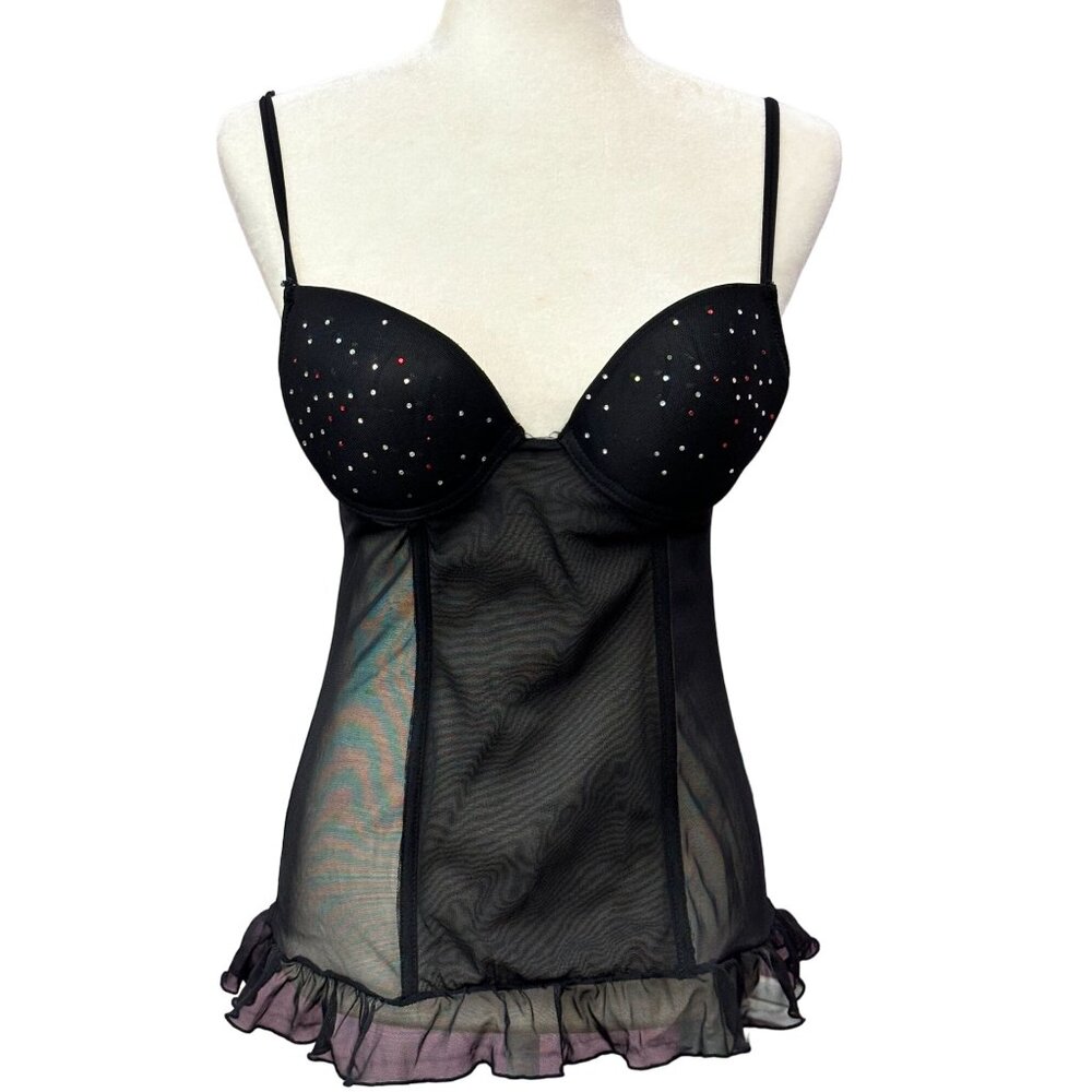 Rampage Black Sheer Babydoll Lingerie Rhinestone Ruffle Hem